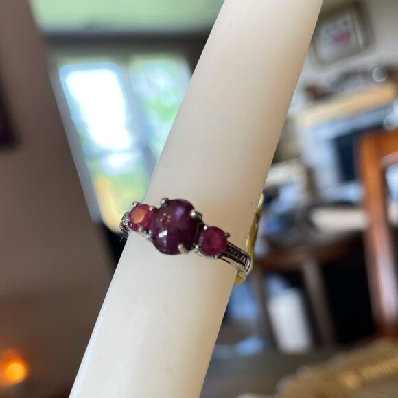 Ruby Ring Three Stone Platinum Sterling Silver Jewelry  Gemstone Birthstone - Picture 5 of 12